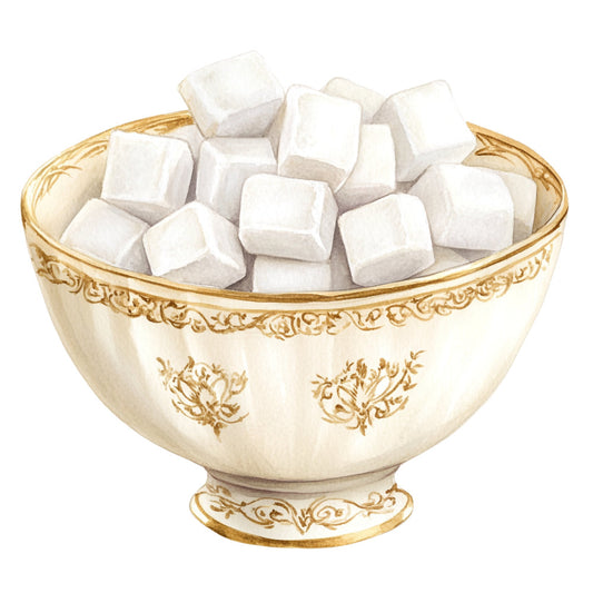 cream, gold, ivory, ornate, decorative, elegant, vintage, traditional, botanical, floral, damask, baroque, luxury, tea time, sugar cubes, dessert, kitchen, home decor, sophisticated, classic, ornamental, scrollwork, botanical motifs, refined, timeless, european, formal, table decor, culinary