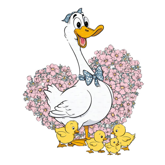 duck, mother duck, ducklings, pink flowers, floral, white, yellow, polka dot bow, spring, baby, farmhouse, whimsical, cute, pastoral, animals, nature, children's, adorable, nursery, baby quilt, wall hanging, gender neutral, sweet, charming, vintage style, country, cottage core, family theme, mother and babies, poultry theme