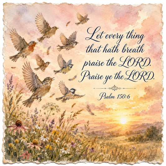 birds, flying birds, nature, floral, wildflowers, daisies, lavender, sunrise, landscape, psalm, scripture, religious, inspirational, spiritual, faith, cream, ivory, soft pink, dusty rose, gold, warm tones, watercolor, vintage, rustic, elegant, peaceful, serene, botanical, meadow, sunset
