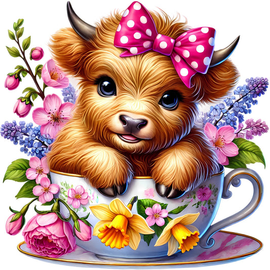 Springtime Highland Cows Fabric Panel 7 featuring a cute calf with a pink bow in a floral teacup, premium quilting cotton print.