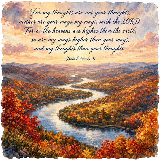 autumn landscape, fall foliage, river scenery, mountain vista, spiritual, inspirational quote, bible verse, religious, nature scene, golden orange, burnt orange, rust red, cream, sky blue, water blue, forest green, scenic, peaceful, landscape, seasonal, autumn colors, trees, winding river, fall leaves, rustic, traditional, wall hanging, home decor, scenic panel, harvest time