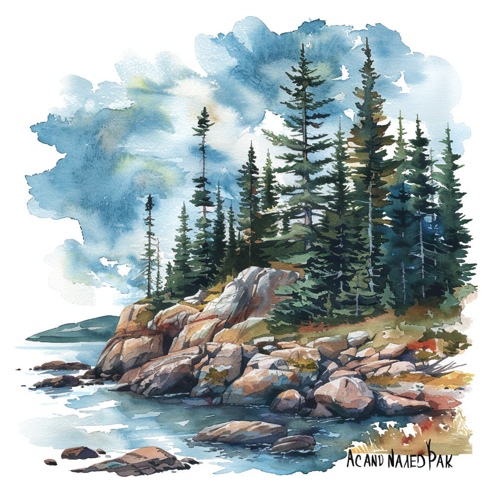 watercolor landscape, forest green, sky blue, cream, tan, rocky coastline, evergreen trees, pine trees, granite rocks, water scene, lake, nature scene, scenic, mountain landscape, rustic, cabin, lodge, wilderness, outdoor, landscape art, impressionistic, soft watercolor, peaceful, serene, camping, hiking, nature lover, earth tones, scenic panel