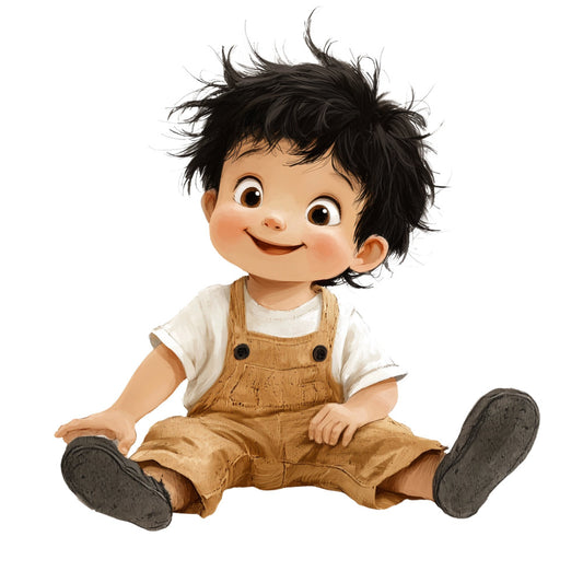 cute boy, playful character, whimsical, vintage, retro, nostalgic, tan brown, cream, black, overalls, suspenders, cheerful, smiling, toddler, baby, children's, kids, nursery, baby quilt, wall hanging, storybook, illustrated, character panel, rustic, farmhouse, gender neutral, sweet, innocent, charming