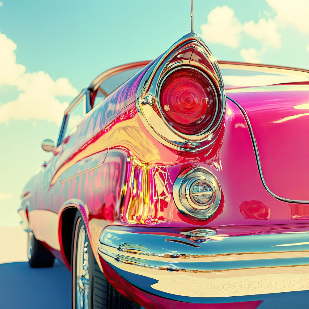 vintage car, classic automobile, retro vehicle, hot rod, 1950s, chrome details, bright pink, magenta, turquoise blue, cream, yellow, vibrant colors, pop art, vintage americana, nostalgic, whimsical, playful, bold graphics, mid-century modern, transportation theme, automotive, convertible, customized car, shiny metallic, reflective surfaces, summer vibes, road trip, retro style, americana fabric, cheerful