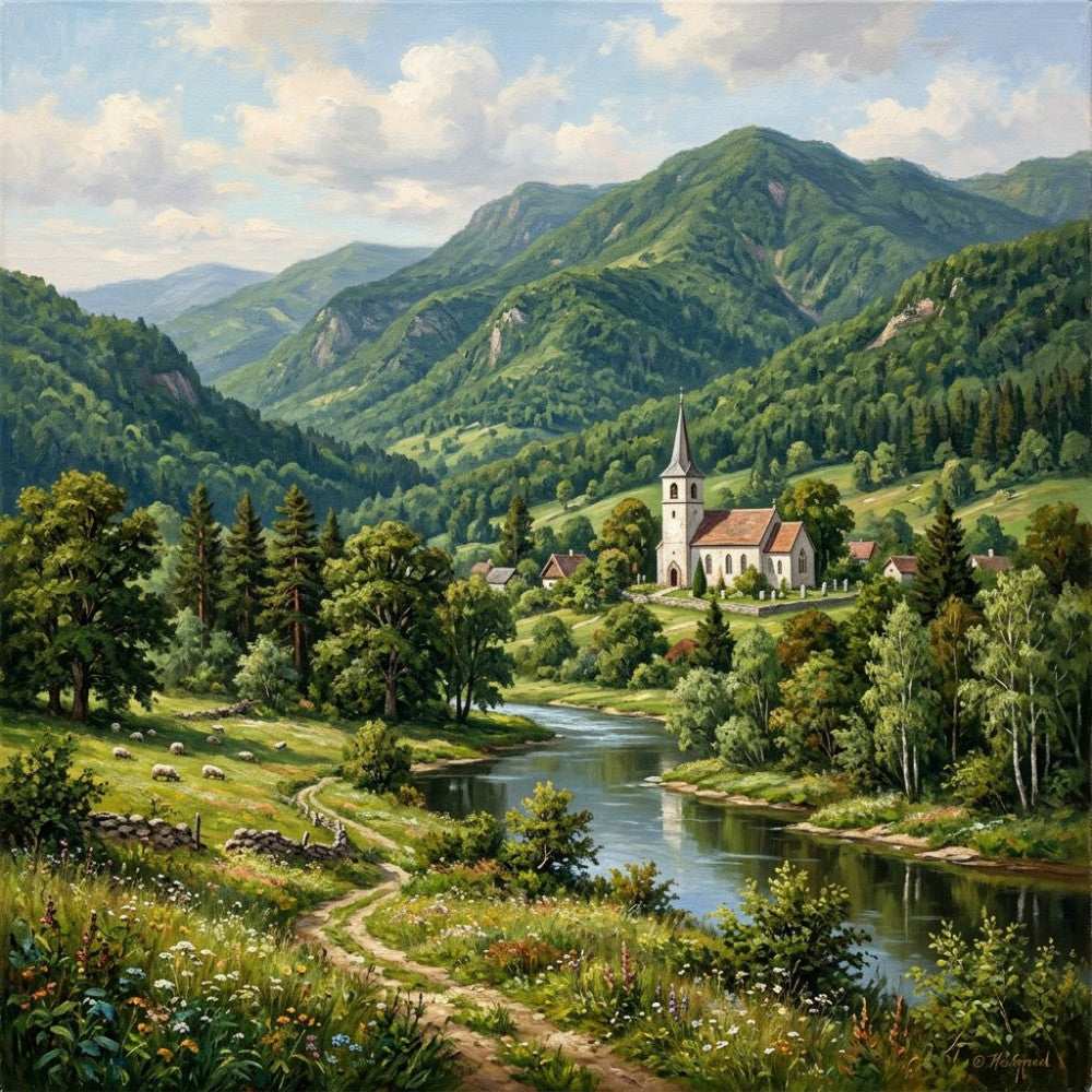 landscape, alpine, mountain, pastoral, scenic, countryside, church, village, valley, river, stream, forest, trees, wildflowers, meadow, green, sage green, forest green, cream, white, blue, sky blue, rustic, traditional, European, charming, peaceful, nature, cottage core, farmhouse