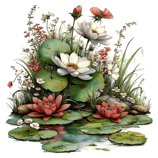 water lilies, pond, floral, nature, botanical, white flowers, coral pink, cream, sage green, moss green, water garden, aquatic plants, lily pads, spring, summer, whimsical, botanical illustration, cottage garden, wildflowers, peaceful, tranquil, garden themed, decorative panel, artistic, hand painted style, delicate flowers, nature inspired, serene, pastoral, landscape scene
