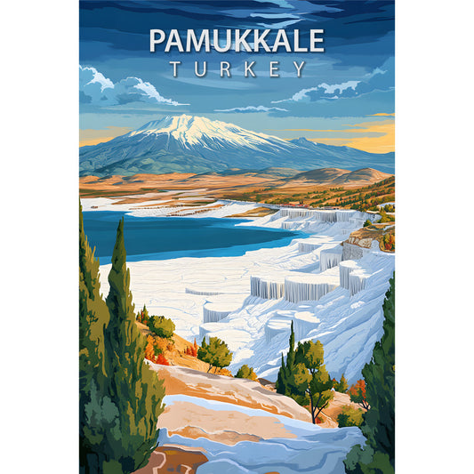 travel poster, pamukkale turkey, white terraces, limestone pools, turquoise water, snow-capped mountains, blue sky, orange sunset, green cypress trees, vintage poster style, landscape scene, geological formations, fabric panel, cotton quilting, mediterranean colors, terraced formations, mountain vista, thermal springs, tourism art, panoramic view