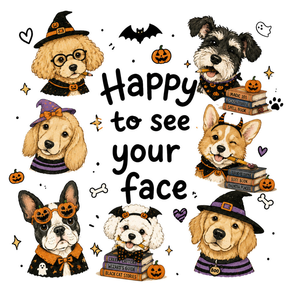 halloween dogs, trick or treat, dog costumes, witch hats, pumpkins, black and orange, cream, tan, beige, whimsical, playful, spooky, fall, autumn, holiday, dogs in costumes, poodle, corgi, french bulldog, labrador, bats, ghosts, books, spell books, magic, hearts, stars, festive, fun, pet themed