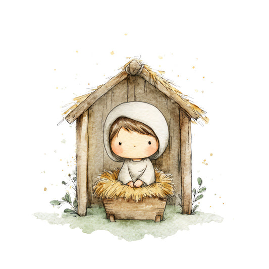 nativity scene, baby jesus, manger, religious, christmas, winter, cream, tan, beige, gold, sage green, soft colors, whimsical, gentle, sweet, peaceful, baby themed, nursery, spiritual, holiday, rustic, farmhouse, vintage, watercolor, illustration, cute characters, soft illustration, baby quilt, wall hanging, children's fabric
