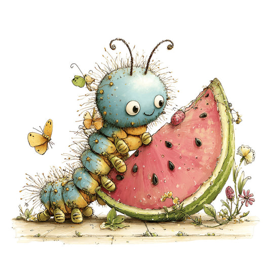 whimsical, caterpillar, watermelon, blue-green, sage green, coral pink, dusty rose, nature, insects, butterflies, children's, storybook, cute, playful, springtime, summer, garden, flowers, charming, illustrated, fantasy, quirky, colorful, kid-friendly, nursery, baby, whimsy, artistic, detailed, pastoral