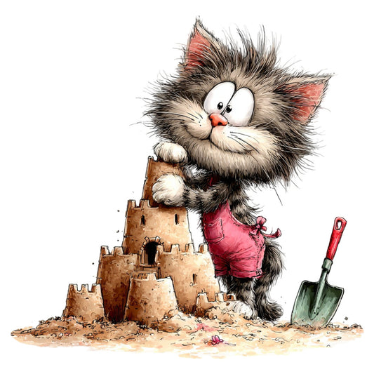 fluffy cat, whimsical, playful, beach theme, sand castle, children's, cute animals, cartoon style, tan brown, coral pink, red, charcoal gray, cream white, playful illustration, summer, seaside, kids fabric, animal characters, folk art, charming, lighthearted, fun prints, pet themed, beach house, coastal, sand and shells, shovel, decorative panel, character fabric