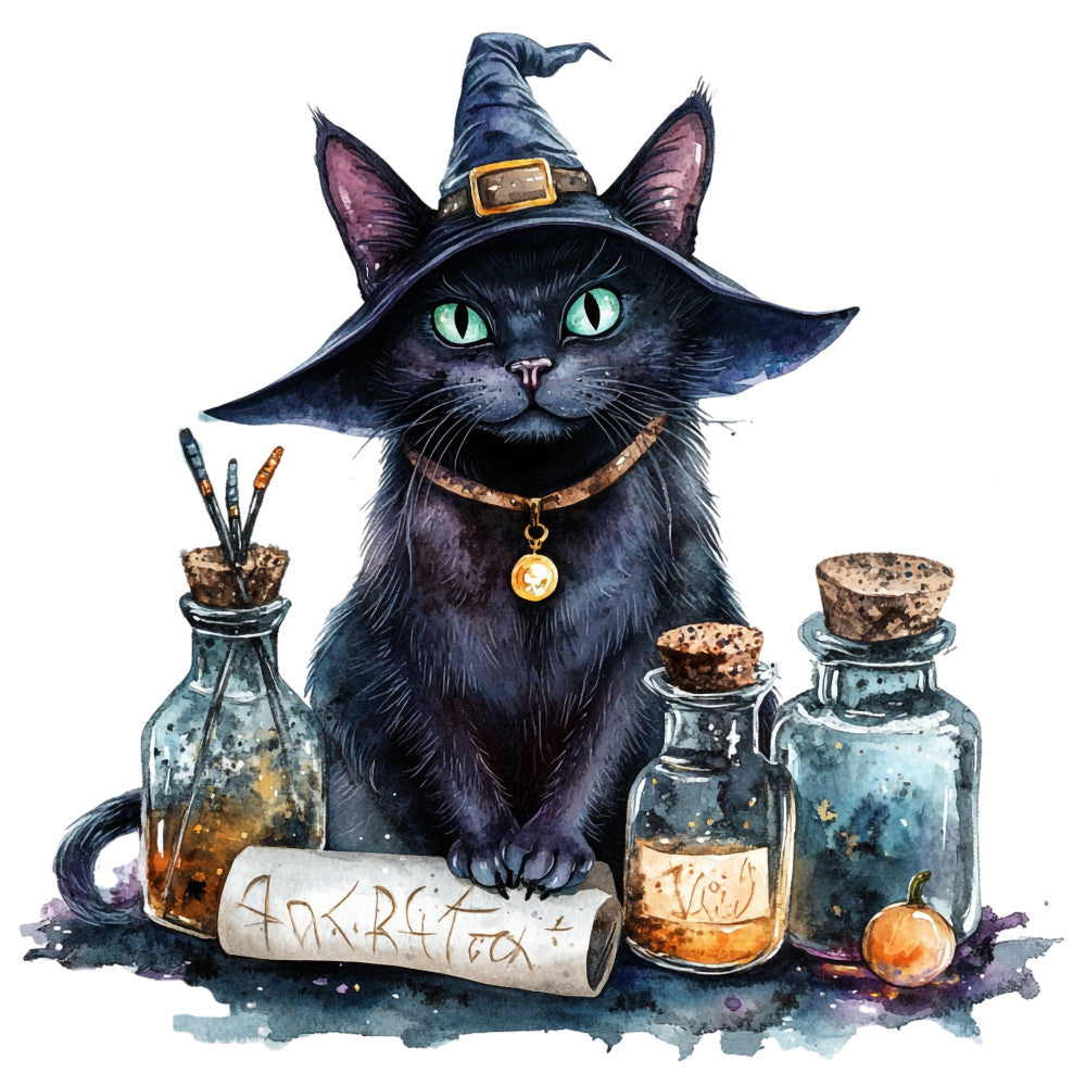 black cat, witch hat, potion bottles, witchy, halloween, magical, spellbook, mystical, dark academia, purple, navy blue, gold accents, turquoise, whimsical, fantasy, gothic, enchanted, autumn, fall, witch aesthetic, celestial, wizard, spell ingredients, apothecary, vintage potion, occult, celestial theme, dark whimsical, instruction panel, novelty print
