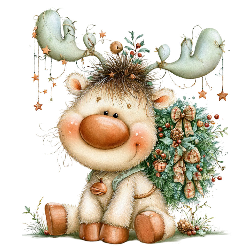 cream, tan, brown, rust, copper, sage green, forest green, warm earth tones, whimsical, cute, adorable, festive, holiday, christmas, winter, animals, creatures, fantasy, magical, stars, garland, wreath, bows, bells, nature, rustic, charming, children's, nursery, baby