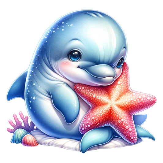 watercolor, cute dolphin, baby dolphin, blue tones, coral pink, starfish, seashells, ocean theme, marine life, underwater scene, fabric panel, quilting cotton, nursery decor, children's fabric, sea creatures, aquatic animals, soft pastels, whimsical art, coastal theme, beach motif