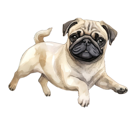 Watercolor Pug Fabric Panel 34 showcasing a detailed hand-painted style pug on premium quilting cotton.