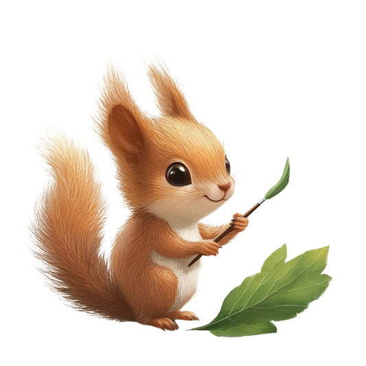 orange, brown, white, green, squirrel, woodland animal, cute, adorable, cartoon style, whimsical, leaf, nature, fabric panel, quilting cotton, children's fabric, nursery theme, forest creature, playful, soft illustration, animal motif