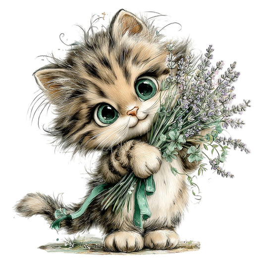fluffy cat, green eyes, lavender flowers, cute animal, whimsical, children's fabric, cat with flowers, ribbon bow, sage green, cream white, taupe, soft colors, springtime, botanical, nature inspired, playful, sweet, adorable, kitten, floral bouquet, decorative bow, gentle, nursery, baby animal, folk art style, illustrated, tender, pastel tones, garden theme