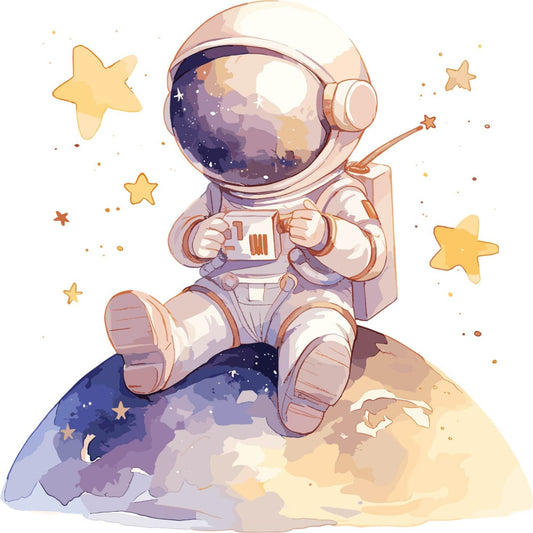 astronaut, space exploration, celestial, stars, moon, whimsical, children's, cute, playful, cosmic, adventure, illustration, character design, cream, pale yellow, dusty purple, navy blue, soft pastels, modern, contemporary, space theme, galaxy, universe, nursery, baby, kids bedding, wall art, decorative, charming, imaginative
