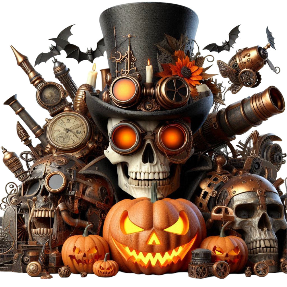 steampunk, halloween, gothic, bronze, copper, gold, black, orange, skull, pumpkin, jack-o-lantern, gears, mechanical, industrial, vintage, autumn, fall, bats, candles, top hat, goggles, clockwork, metallic, dark, moody, spooky, creepy, decorative, holiday, seasonal