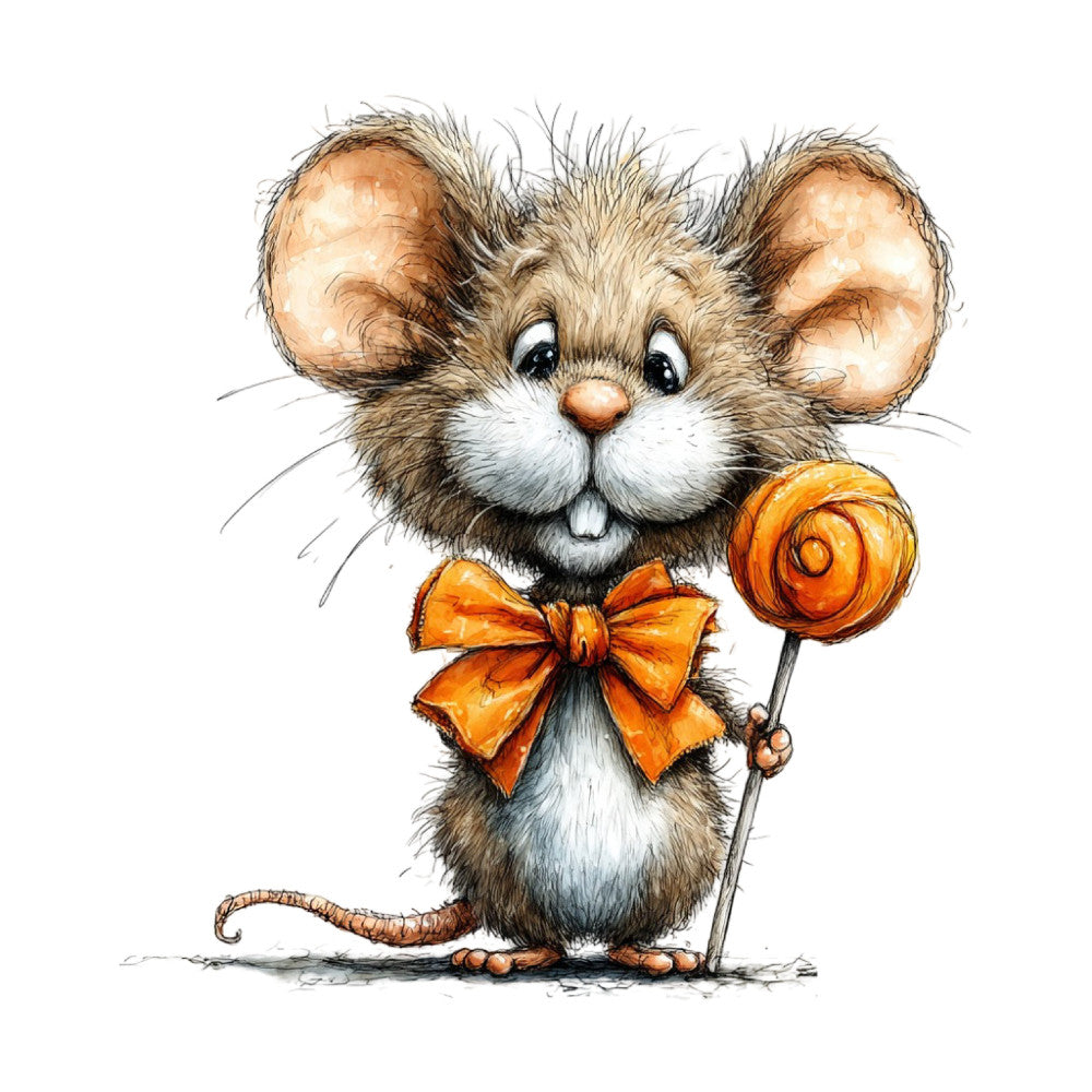 cute mouse, adorable animal, orange bow, lollipop, whimsical, children's, baby, tan, cream, orange, brown, gold, animal character, playful, cheerful, sweet, innocent, friendly, illustration style, storybook, nursery, kids' quilt, wall hanging, apparel, decorative, charming, vintage whimsy, character print