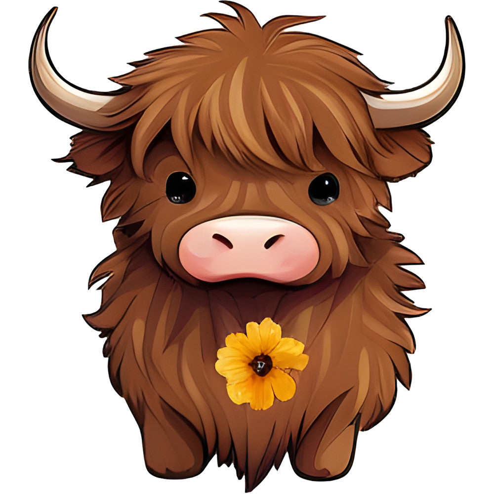 brown, tan, cream, pink, golden yellow, highland cattle, highland cow, yak, cute animals, whimsical, farmhouse, rustic, folk art, kawaii, big eyes, horns, long hair, shaggy, botanical, floral, daisy, spring, summer, nature, pastoral, countryside, children, kids, playful, charming