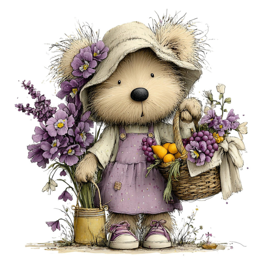 cute bear, purple flowers, lavender, cream, sage green, yellow oranges, floral, whimsical, woodland animals, teddy bear, spring, garden theme, vintage style, rustic, charming, storybook illustration, daisy flowers, nature themed, pastoral, children's design, baby quilt, decorative panel, soft colors, muted tones, botanical, cottage core, nursery decor, illustrative, adorable animals