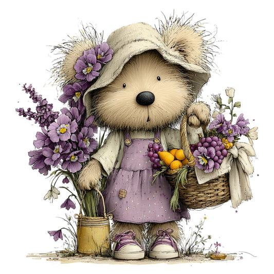 cute bear, purple flowers, lavender, cream, sage green, yellow oranges, floral, whimsical, woodland animals, teddy bear, spring, garden theme, vintage style, rustic, charming, storybook illustration, daisy flowers, nature themed, pastoral, children's design, baby quilt, decorative panel, soft colors, muted tones, botanical, cottage core, nursery decor, illustrative, adorable animals