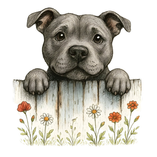dog, pitbull, terrier, bulldog, animal, flowers, floral, daisies, orange flowers, coral flowers, white flowers, green leaves, wooden fence, rustic, farmhouse, whimsical, cute, sweet, garden, nature, spring, summer, charcoal gray, cream, white, orange, green, portrait, illustration, ink drawing