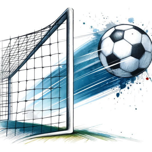 soccer, football, sports, goal, net, ball, blue, navy blue, teal, white, black, green, action, dynamic, athletic, movement, watercolor, splash, abstract, modern, contemporary, kids, boys, youth, sports theme, game day, competitive, energy, motion lines