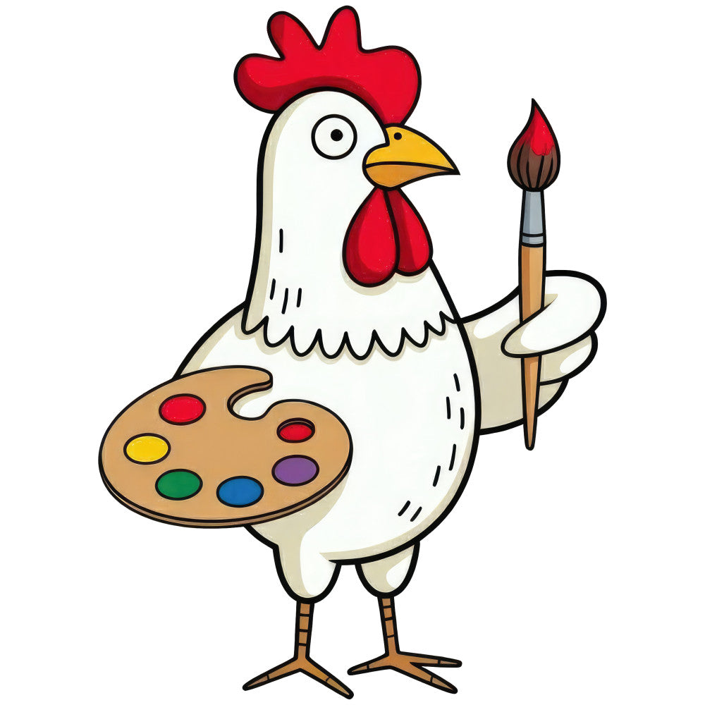 whimsical chicken, artist palette, paintbrush, red rooster, farmhouse, cottage core, art theme, creative design, paint palette motif, children's, nursery, spring, farm animals, white, cream, red, yellow, green, blue, purple, painting supplies, artistic, playful, cute animals, illustration style, kids fabric, educational, craft themed, creative kids