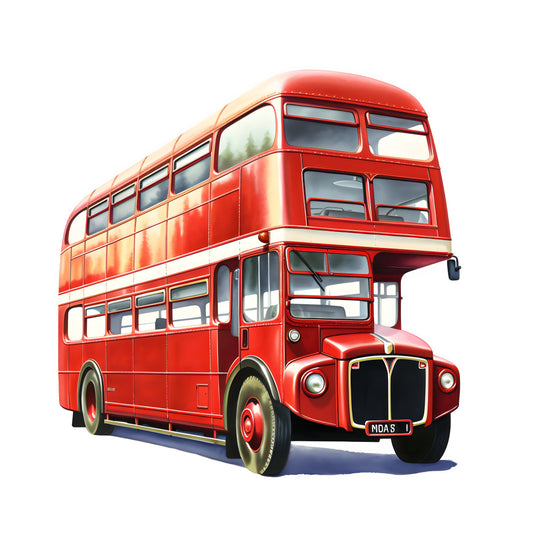 red double decker bus, vintage london bus, classic british transport, bright red, cream, black, transportation theme, vintage vehicles, retro style, whimsical, nostalgic, iconic bus design, double decker motif, british heritage, travel theme, collectible design, children's fabric, novelty print, iconic london symbol, red and cream, vintage charm, classic design, timeless transport, decorative panel, statement print, bold colors, detailed illustration, realistic artwork, heritage theme
