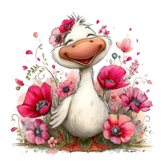 whimsical duck, pink flowers, hot pink poppies, coral pink, white, spring, floral, animal, bird, cheerful, playful, cute, decorative panel, children's fabric, nursery, garden theme, botanical, nature-inspired, soft watercolor style, poppy flowers, smiling character, pastel colors, charming, gentle, delicate blooms, illustrated, kid-friendly, cottage core, farmyard