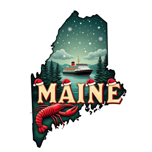 Christmas US States Fabric Panel 32 featuring Maine outline with lobster, cruise ship, pine trees, and snowy holiday scene.