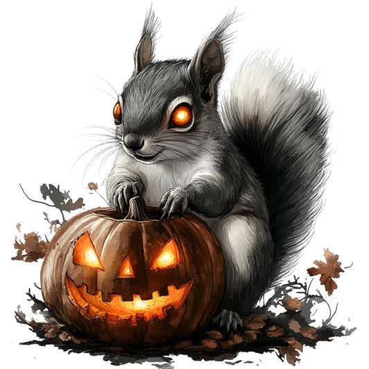 halloween, squirrel, pumpkin, jack-o-lantern, glowing eyes, orange, charcoal gray, black, white, autumn, fall, spooky, whimsical, cute, animals, woodland creatures, harvest, festive, seasonal, scary, creepy, jack o lantern face, illuminated pumpkin, leaves, nature-inspired, trick or treat, october, holiday-themed, wall hanging, home decor