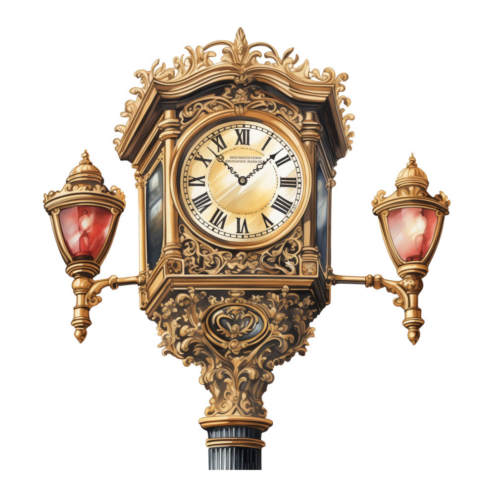 vintage clock, steampunk, antique brass, ornate, gold, cream, black, red, lantern, roman numerals, elegant, Victorian, traditional, time keeper, decorative, botanical scroll, baroque, formal, heritage, classic, retro, timeless, mechanical, architectural, wall décor, home accent, novelty print, industrial vintage, ornamental