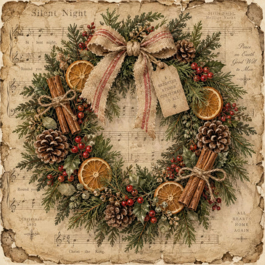 vintage christmas, holiday wreath, sheet music, silent night, cream, forest green, burgundy red, rust orange, gold, dusty rose, cinnamon, pine cone, dried citrus, cinnamon sticks, red berries, traditional, rustic, nostalgic, elegant, festive, christmas carol, vintage holiday, natural elements, botanical, winter, seasonal, wall hanging, home decor, christmas 1892
