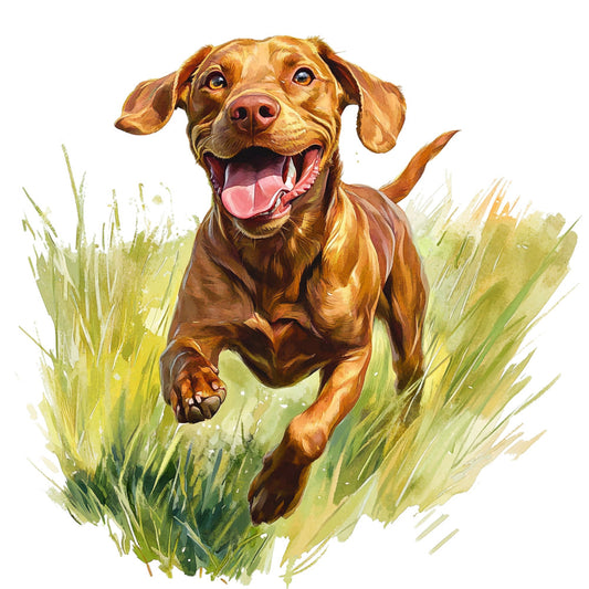 happy dog, golden brown, rust brown, tan, sage green, grass green, watercolor, dog portrait, retriever, sporting dog, animal lover, pet themed, nature scene, outdoor, playful, whimsical, cheerful, joy, companionship, dog breed, running dog, active dog, summer, spring, pet quilt, dog lover gift, children's fabric, family friendly, illustration style, painterly