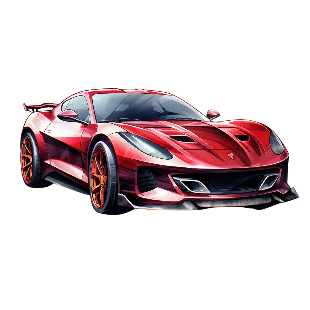 red sports car, crimson, scarlet, burgundy, automotive design, sleek vehicle, racing car, modern illustration, digital art, fabric panel, cotton panel, quilting fabric, transportation theme, luxury car, speed, dynamic design, glossy finish, contemporary style, vibrant colors, geometric lines