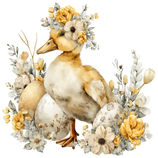 cream duckling, golden yellow, soft white, sage green, baby animal, floral, botanical, whimsical, easter, spring, farmhouse, vintage, elegant, nature, duck, eggs, daisies, roses, tulips, leaves, delicate florals, pastel colors, nursery, baby quilt, wall hanging, cottage core, gentle, sweet, illustrative, watercolor style