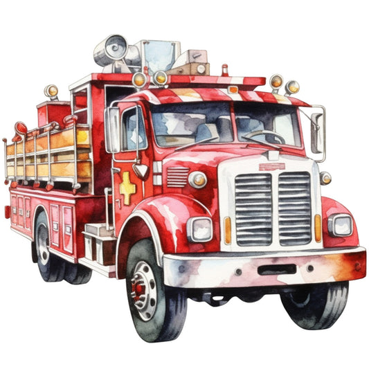red fire truck, vintage vehicle, watercolor style, crimson red, white accents, chrome details, emergency vehicle, firefighting equipment, ladder truck, hoses, lights, transportation theme, fabric panel, quilting cotton, boy's room, vehicle illustration, automotive art, rescue truck, fire department, detailed artwork