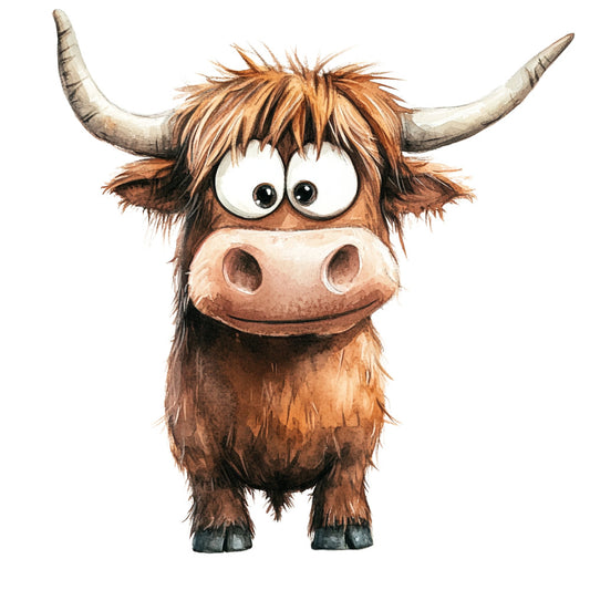 highland cattle, scottish cow, brown, tan, cream, beige, rust, whimsical, cartoon, cute animals, funny face, children's, kids fabric, nursery, farm animals, farmhouse, long horns, hairy cow, playful, humorous, animal character, children's illustration, quirky, storybook, animated style, light hearted, happy expression