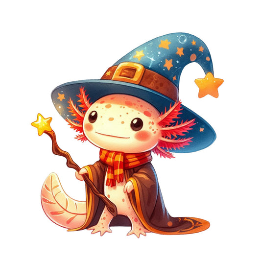 cute axolotl, cartoon character, wizard hat, magical wand, star pattern, blue hat, orange scarf, pink gills, yellow star, fabric panel, whimsical design, magical theme, bright colors, kawaii style, quilting fabric, children's fabric, fantasy creature, coral pink, navy blue, golden yellow