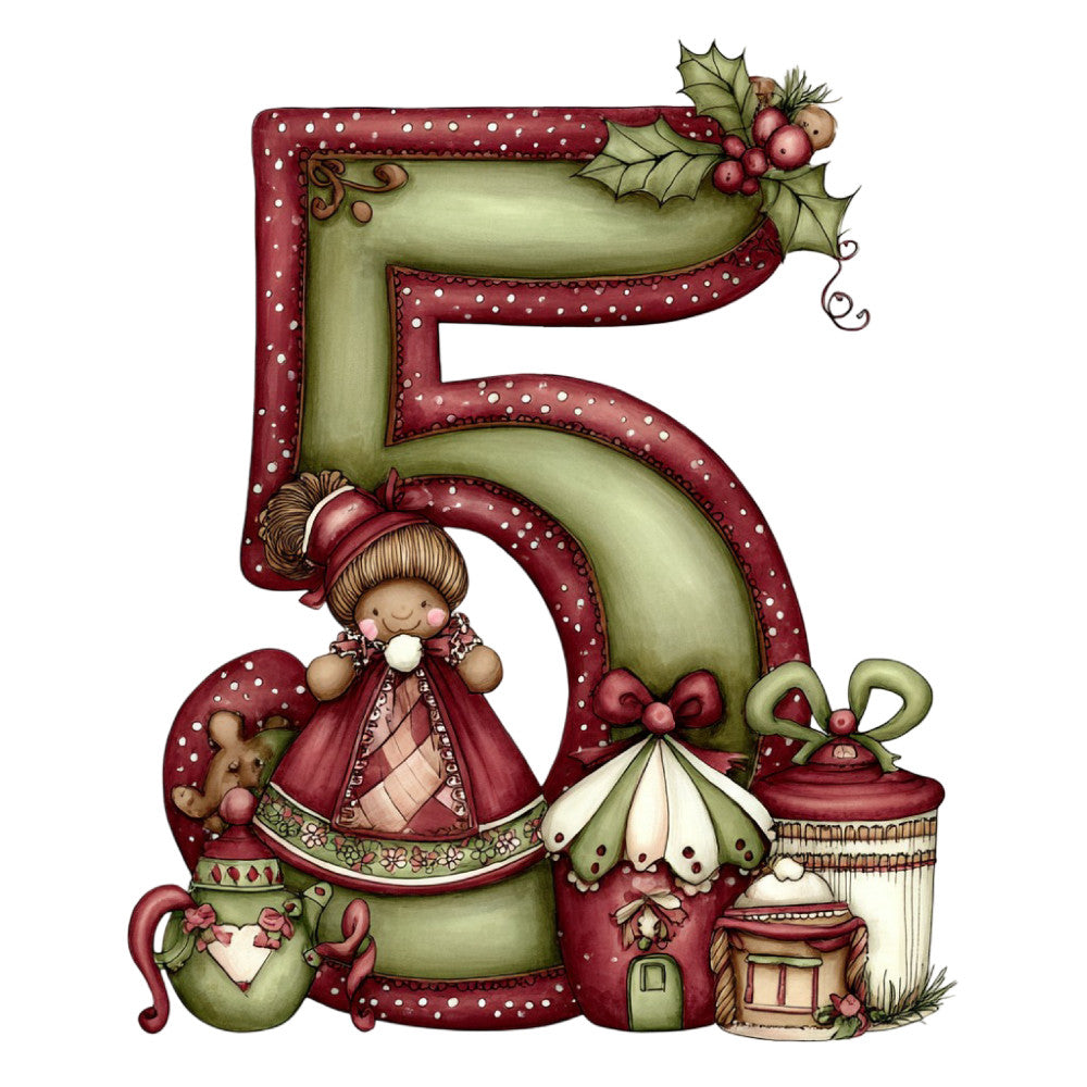 burgundy red, sage green, cream, holiday, christmas, whimsical, vintage, traditional, doll, character, festive, seasonal, decorative number, angel, winter, children's, novelty, folk art, cottage style, embellished, dimensional, rustic, holly berries, polka dots, sweet, nostalgic, panel design, wall hanging, decorative accent