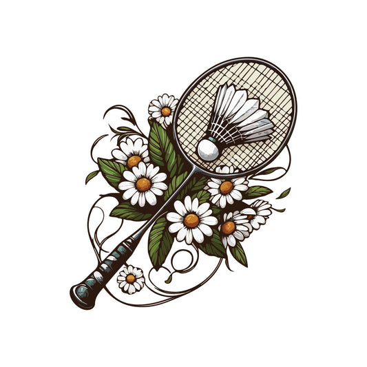 badminton racket, shuttlecock, daisies, white flowers, golden yellow centers, green leaves, nature, sports, vintage, whimsical, botanical, floral, cream background, brown handle, spring, summer, garden themed, outdoor activities, elegant, decorative, nature inspired, quirky, artistic, illustration style, hand drawn, traditional, cottage core, wildflowers, athletic theme