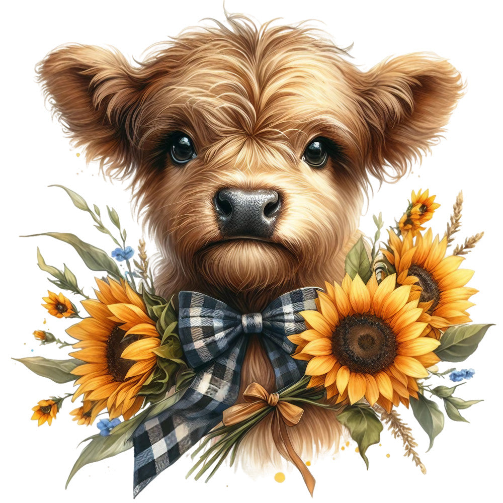 Rustic Sunflower Highland Cows Fabric Panel 14