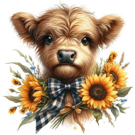 Rustic Sunflower Highland Cows Fabric Panel 14