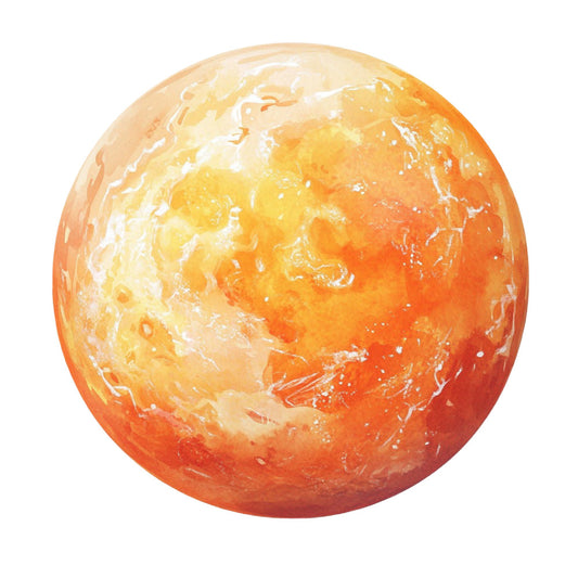 warm orange, golden yellow, coral red, sunset colors, ombre gradient, watercolor effect, celestial, planetary, space themed, abstract, modern, dreamy, glowing orb, sun, fire, heat, warm tones, artistic, impressionistic, wall art, home decor, contemporary, fiery, luminous, cosmic, celestial sphere, gradient design, blended colors, soft transitions