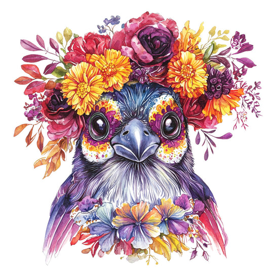 bird, floral, flowers, colorful, vibrant, whimsical, botanical, nature, animal, purple, yellow, orange, pink, red, burgundy, magenta, coral, gold, teal blue, navy blue, multicolor, illustrated, decorative, summer, spring, artistic, modern, bohemian, garden, whimsy