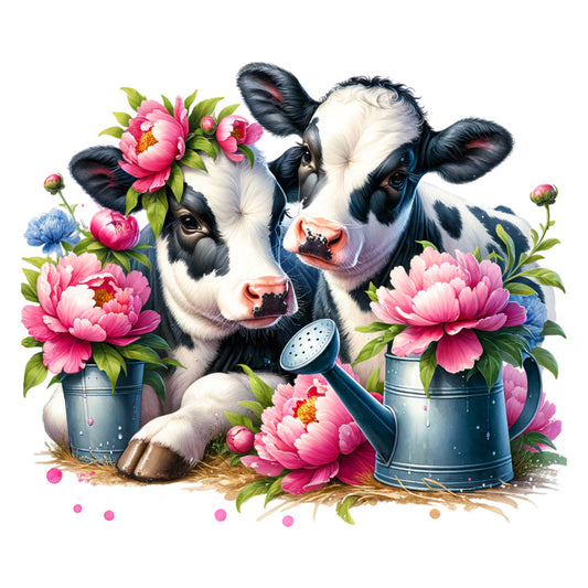 black and white cows, pink peonies, blue flowers, watering can, floral arrangement, farm animals, pastoral scene, watercolor style, fabric panel, quilting cotton, spring flowers, green leaves, cute cows, botanical design, pastel colors, whimsical illustration, garden theme, detailed artwork, soft colors