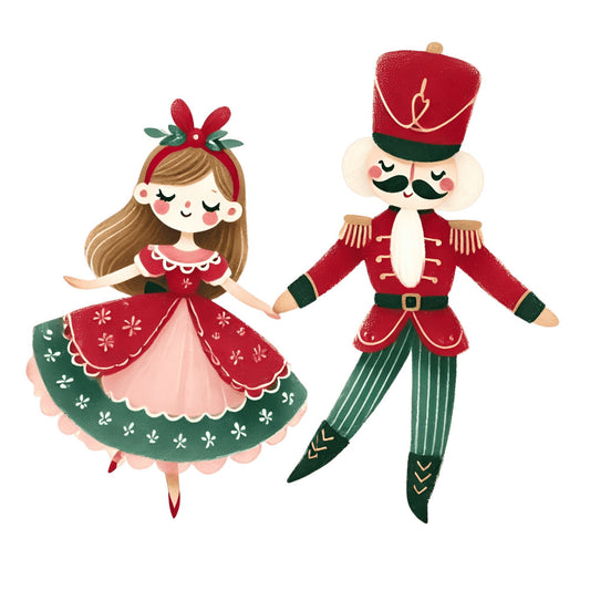 christmas, holiday, nutcracker, red, forest green, cream, pink, blush pink, festive, whimsical, vintage, couple, dancers, solider, girl, boy, nutcracker soldier, seasonal, winter, decorative, children's, playful, traditional, classic, retro, nostalgic, ornamental, cheerful, festive design